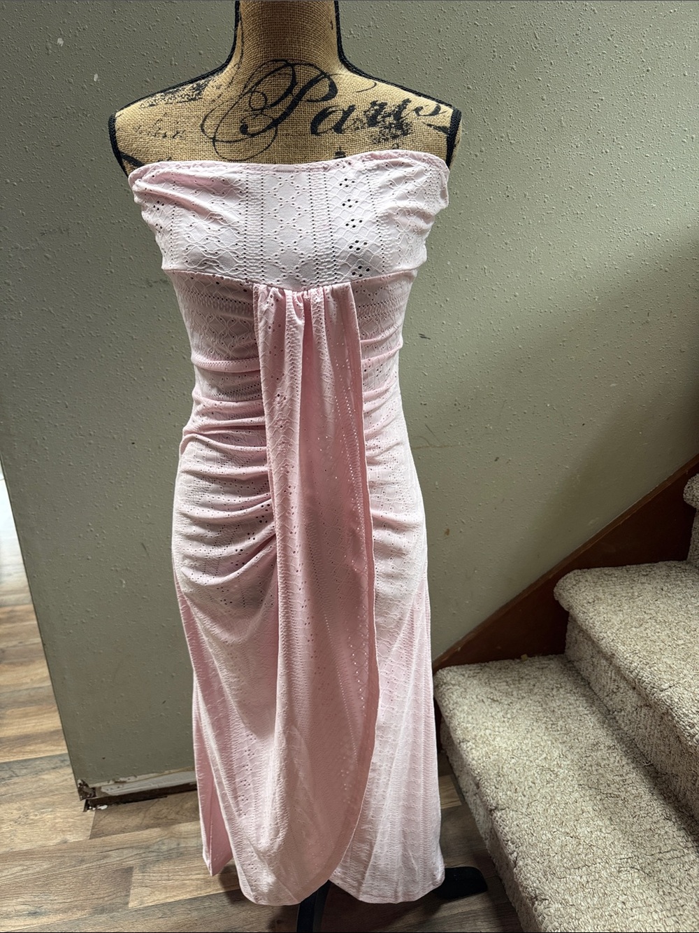 Strapless Pink Eyelet Maxi Dress with Draped Front